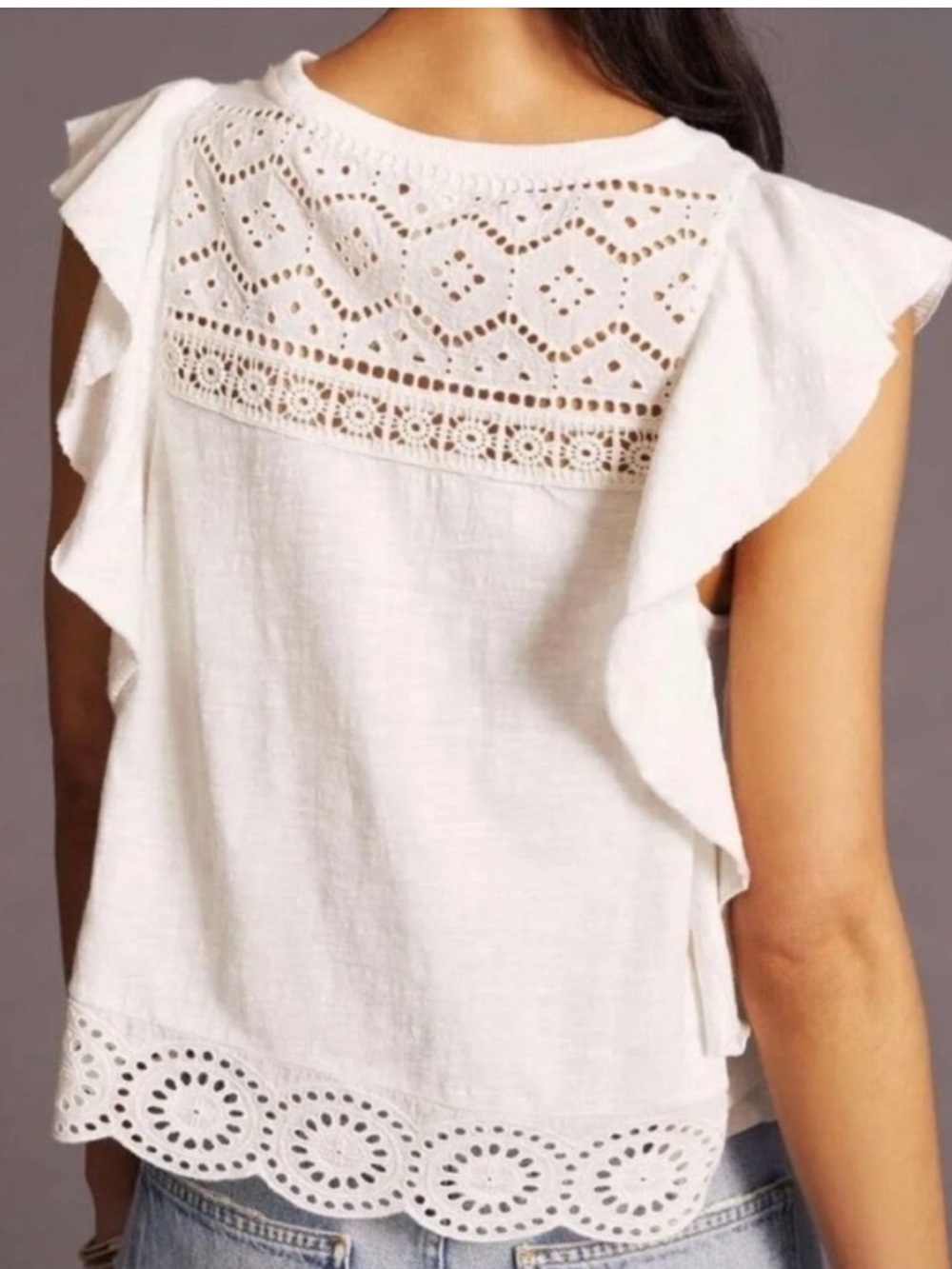 Anthropologie Ivory Eyelet Crochet Ruffle Lace Top Romantic Cottagecore Size S - Picture 2 of 9